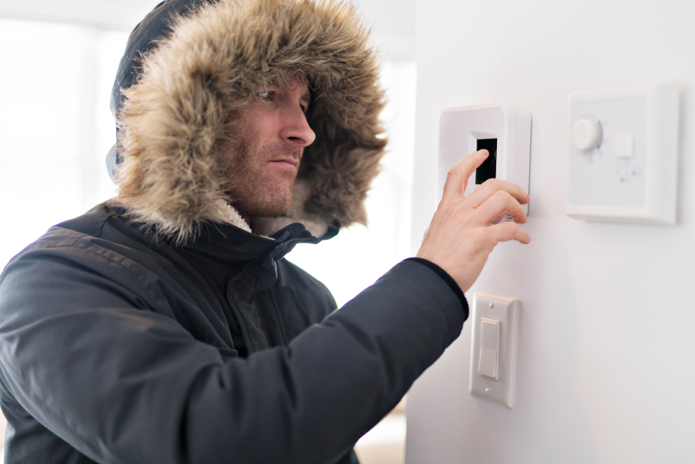 Man adjusting thermostat in a cold house